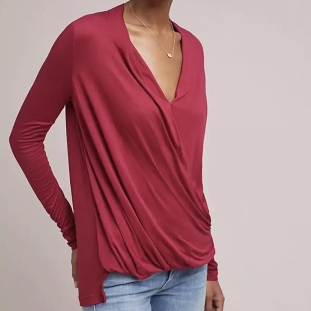 Anthropologie Red Draped Blouse Long Sleeve - Picture 4 of 7